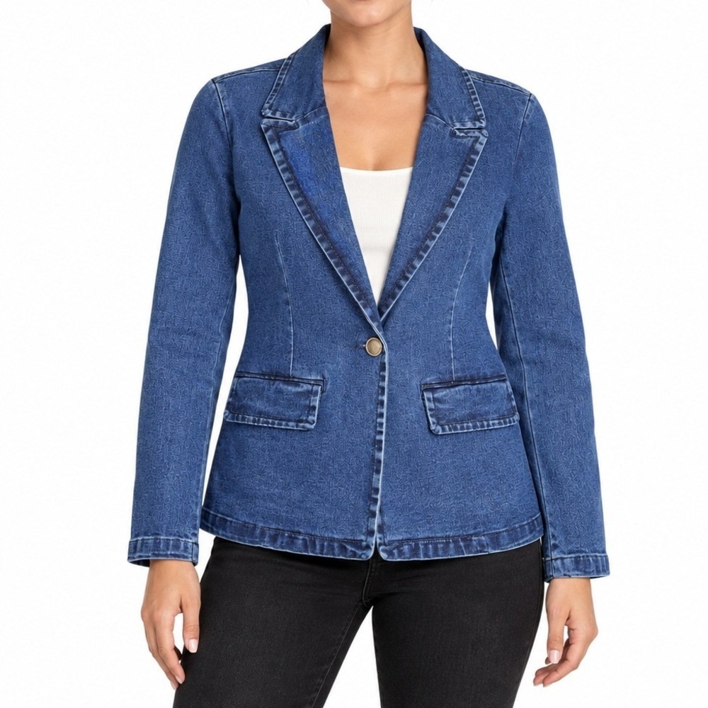 Bagatelle Denim Blazer Women Size M Blue One Button Stretch Jean Jacket Coat